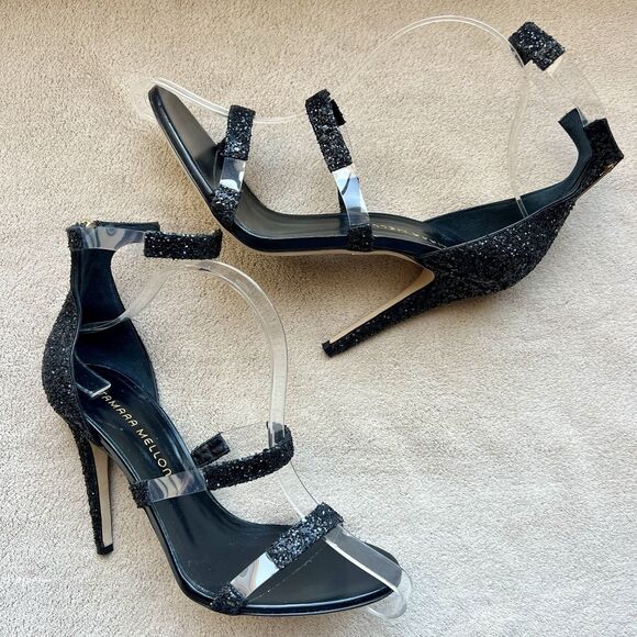 Tamara Mellon Frontline Black Glitter Crystal Heeled Sandals US 7 EU 37.5 Formal - Picture 1 of 16